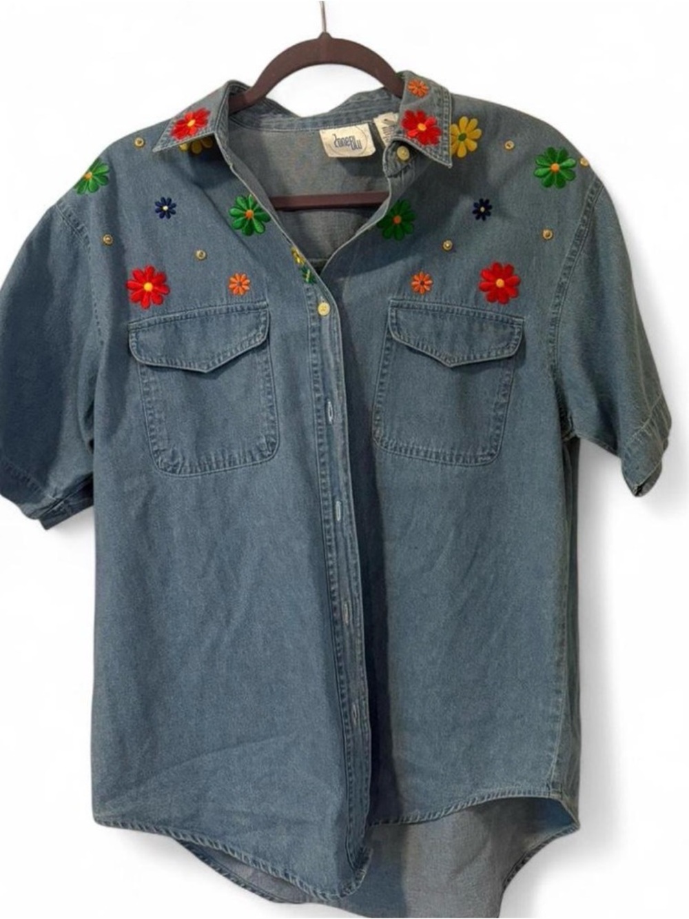 Embroidered Denim Short Sleeve Shirt - Blue with Multicolor Floral Accents